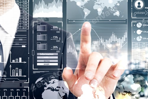 Preview: Businessman Hand Using Digital Business Interface On Blurry Night City Background. Innovation And
