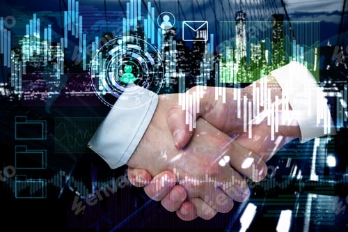 Preview: Handshake With Forex Chart On Blurry Night City Background. Close Up. Teamwork And Stock Market