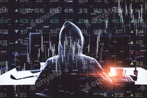 Preview: Trade And Virus Concept. Hacker Using Laptop Computer With Abstract Forex Chart Hologram On Blurry