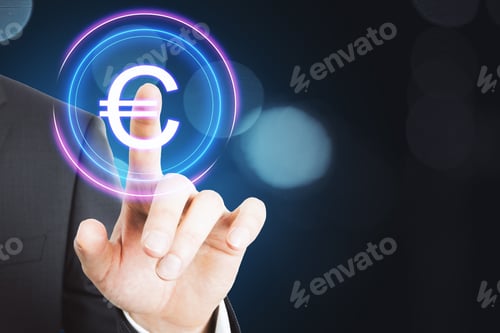 Preview: Businessman Presses A Euro Button In A Virtual Interface. Business And Financial Success Concept