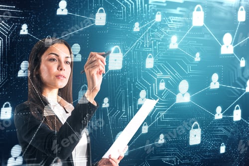 Preview: Attractive Young European Businesswoman With Digital Business Interface On Blurry Background