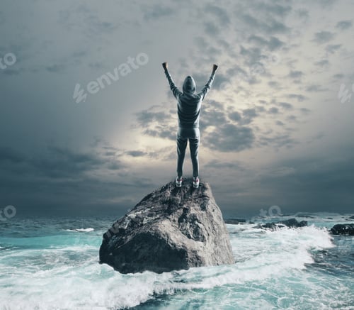 Preview: Back View Of Hacker Celebrating Success On Rock. Sea Background. Leadership, Theft And Steal Concept