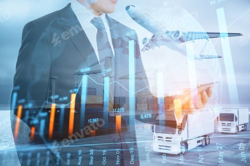 Preview: Businessman With Smartphone And Forex Chart Standing On Abstract Double Exposure Background With