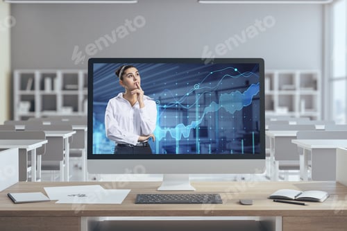 Preview: Close Up Of Computer With Businesswoman Giving Financial Education On Screen With Business Chart