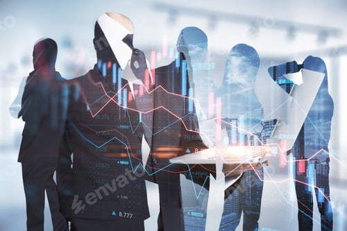 Preview: Attractive European Businessmen Using Devices On Abstract Office Workspace Background With Forex