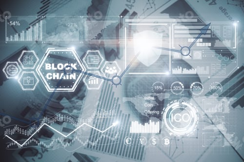 Preview: Abstract Digital Blockchain Wallpaper. Cryptography Concept. Double Exposure