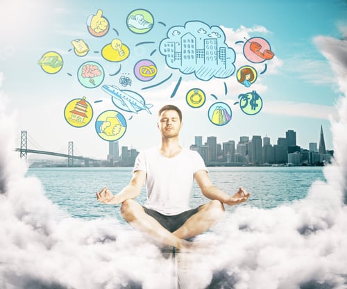 Preview: Meditating Man On Clouds Thinking About Life. Waterfront City Background