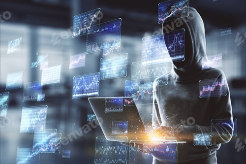 Preview: Hacker In Hoodie Using Laptop With Various Forex Screens On Blurry Office Interior Backdrop