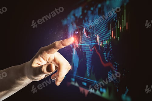 Preview: Close Up Of Business Man Hand Pointing At Abstract Glowing Blue Business Forex Chart And Map