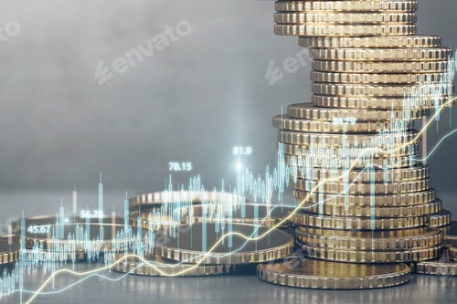 Preview: Stacks of Coins with Financial Chart Background