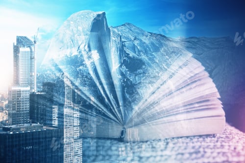 Preview: Abstract Books On Creative City Background. Knowledge Concept. Double Exposure