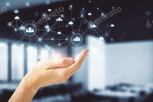 Preview: Hand Holding Creative Social Network Interface And Glowing Human Resource Concept