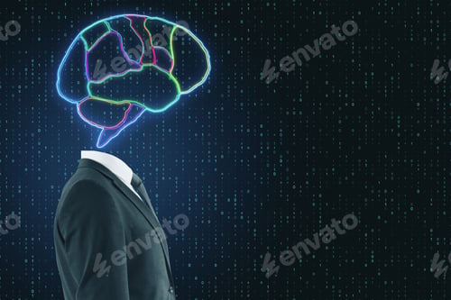 Preview: Ai Concept With Headless Businessman And Digital Colorful Brain Picture At Binary Code Background.