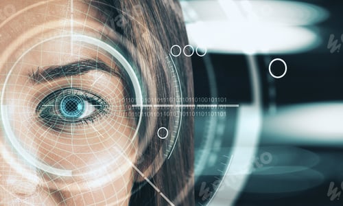 Preview: Abstract Digital Blue Eye Interface Wallpaper. Biometrics And Scanning Concept. Double Exposure