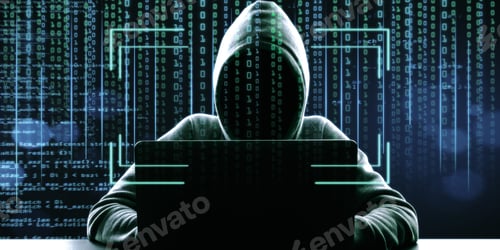 Preview: Hacker In Hoodie Using Laptop At Desktop On Abstract Binary Code Background With Face Recognition