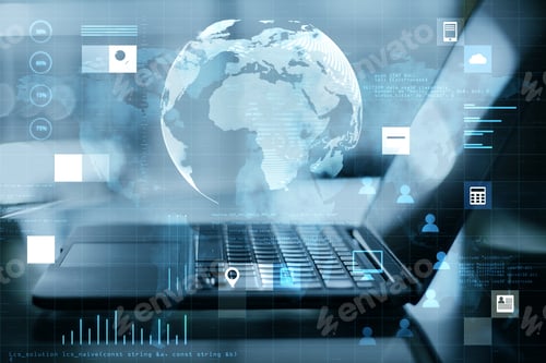 Preview: Close Up Of Laptop On Desktop With Abstract Digital Social Globe Grid Hologram On Blurry