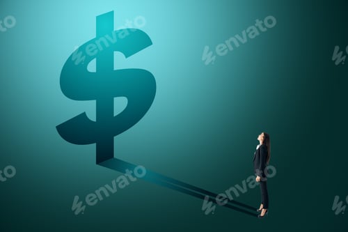 Preview: Businesswoman Looking At Dollar Shadow On Blue Background. Money And Income Concept
