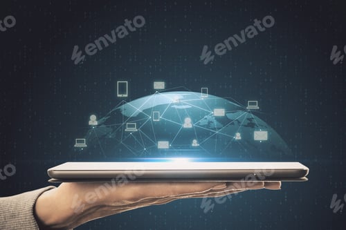 Preview: Hand Holding Tablet With Glowing Social Network Infograph. Business And Communication Concept.