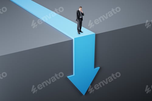 Preview: Attractive Young European Businessman Standing On Abstract Blue Arrow Falling Down Cliff. Crisis