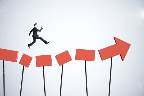 Preview: Businessman Jumping On Red Arrow On Gray Background. Growth And Forward Concept