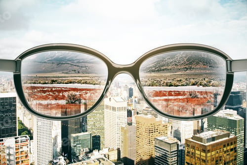 Preview: Close Up Of Abstract Eyeglasses With Landscape View On City Background. Vision Concept. 3D Rendering