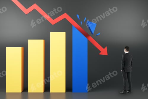 Preview: Crisis Concept With Businessman Looking At Red Arrow Breaking Business Graphs At Dark Background.