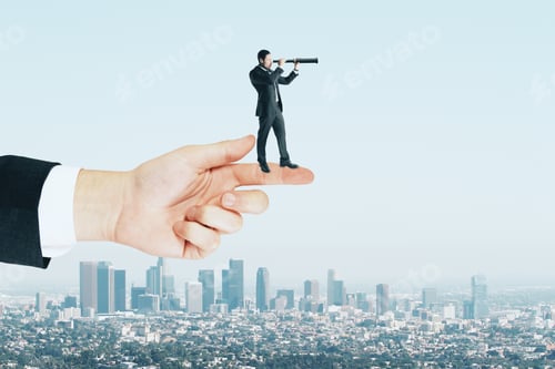 Preview: Research And Search Concept. Side View Of Young Businessman Using Telescope White Standing On