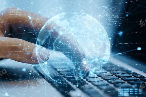Preview: Close Up Of Hands Using Laptop Computer With Abstract Globe Sphere With Coding And Polygonal