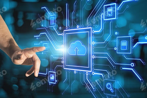 Preview: Male Hand Pointing At Abstract Glowing Circuit Cloud Computing Interface On Blurry Blue Bokeh