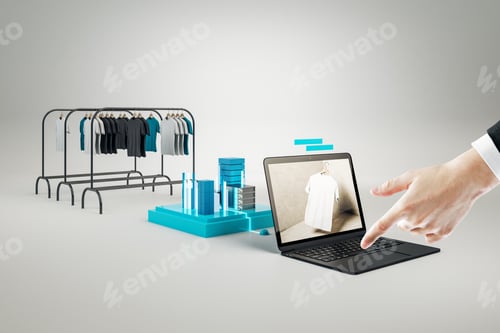 Preview: Creative Online Shopping Concept With Hand Pointing At Huge Laptop And Racks With Clothes On White