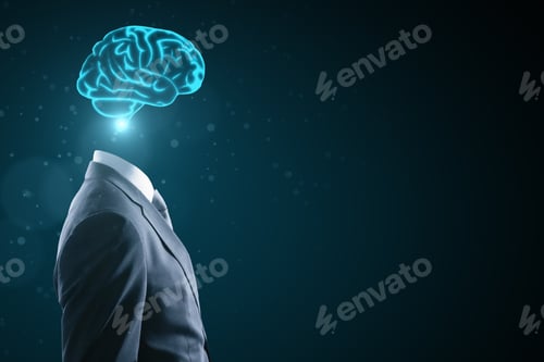 Preview: Side View Of Glowing Brain Headed Businessman On Blue Background With Copy Space. Brainstorm And