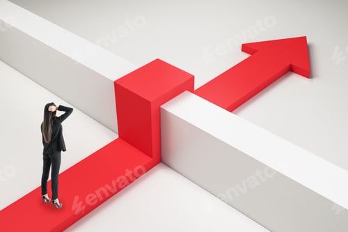 Preview: Thoughtful Businesswoman With Red Arrow Going Over Concrere Fence. Challenge And Overcome Concept.