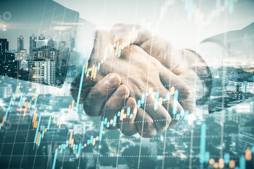 Preview: Business Partnership With Double Exposure Of Handshaking Men And Abstract Financial Chart. Business