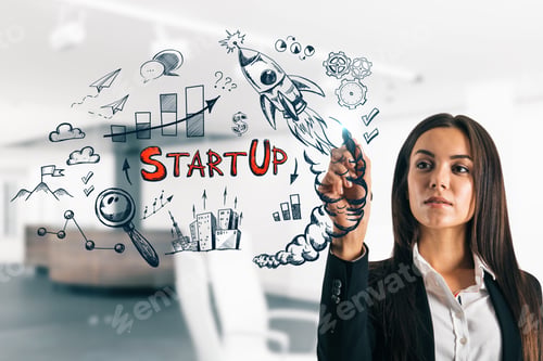 Preview: Attractive Young European Businesswoman Drawing Startup Sketch In Modern White Office Interior
