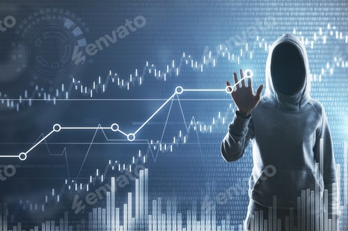 Preview: Hacker With Digital Business Interface On Blurry Interior Background. Hacking And Phishing Concept