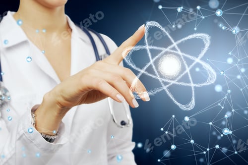 Preview: Female Doctor Pointing At Glowing Polygonal Atom Interface. Innovation And Medicine Concept