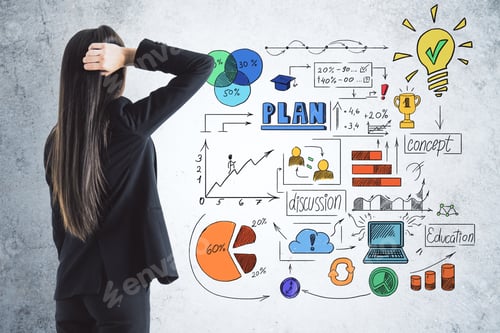 Preview: Businesswoman Looking On Drawing Business Sketch On Wall. Success And Marketing Concept.