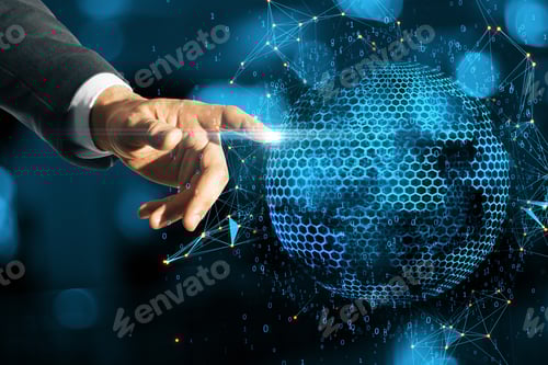 Preview: Close Up Of Man Hand Pointing Abstract Globe Sphere With Coding And Polygonal Network On Blue