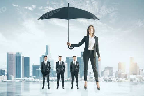 Preview: Businesswoman Covering Businessmen With Umbrella On Light City Background. Protection And Safety