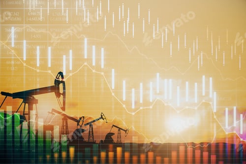 Preview: Dropping Forex Chart On Oil Mining Background. Industry And Market Concept. Double Exposure