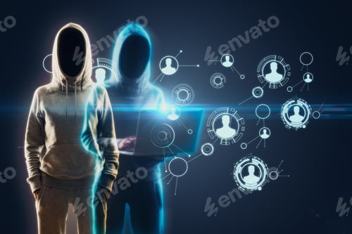 Preview: Two Hacker With Laptop And Glowing Social Media Interface. Finance And Malware Concept. Double