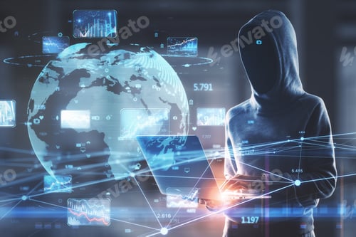Preview: Hacker In Hoodie Using Laptop With Creative Glowing Globe Hologram With Forex Charts And Graphs On