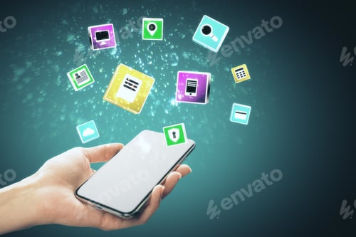 Preview: Hand Holding Cellphone With Glowing Online Networking Cloud Icons. Global Business And Media