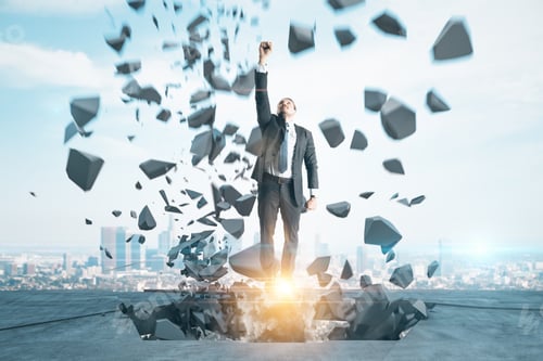 Preview: Businessman In Suit Breaks Concrete Floor On Panoramic City Background. Challenge And Destruction