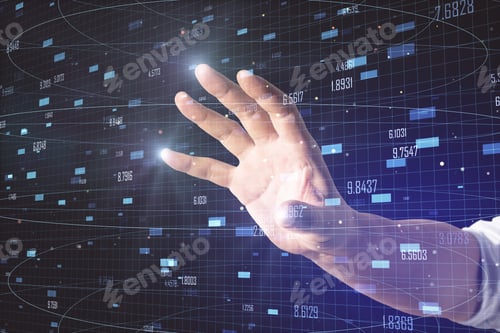 Preview: Hand Using Glowing Stock Chart On Dark Background. Trade And Analysis Concept. Multiexposure