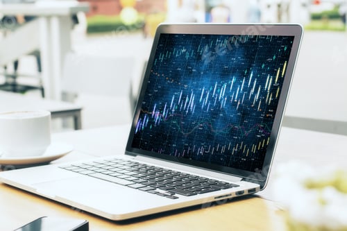 Preview: Close Up Of Laptop With Forex Chart On Cafe Table With Coffee Cup. Trade And Freelance Concept