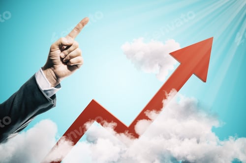Preview: Businessman Hand Points Up And Red Growing Arrow On Blue Sky Background. Business And Financial
