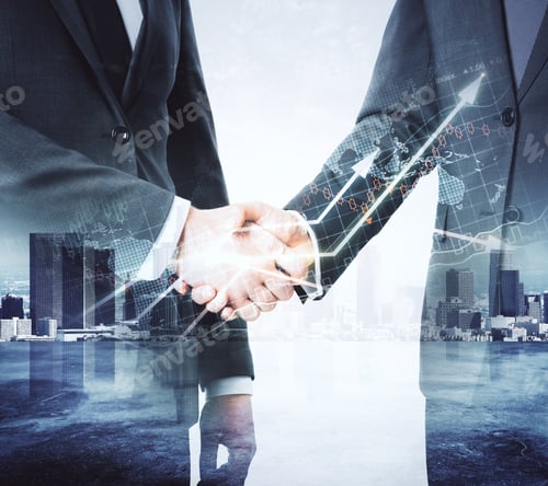 Preview: Businessmen Shaking Hands On Abstract City Background With Forex Chart. Teamwork And Finance