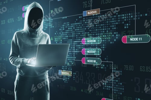 Preview: Hacker Using Laptop With Glowing Big Data Interface. Malware And Futuristic Concept. Double Exposure