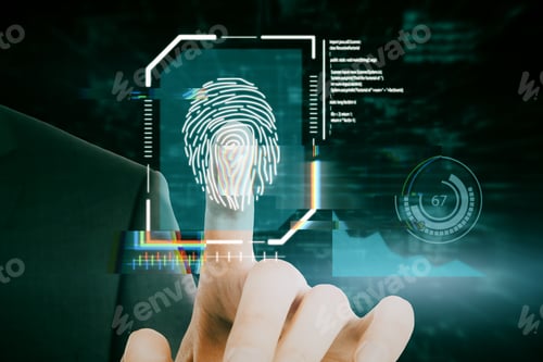 Preview: Close Up Of Businessperson Hand Pointing At Creative Glowing Blue Fingerprint Scanner Interface On